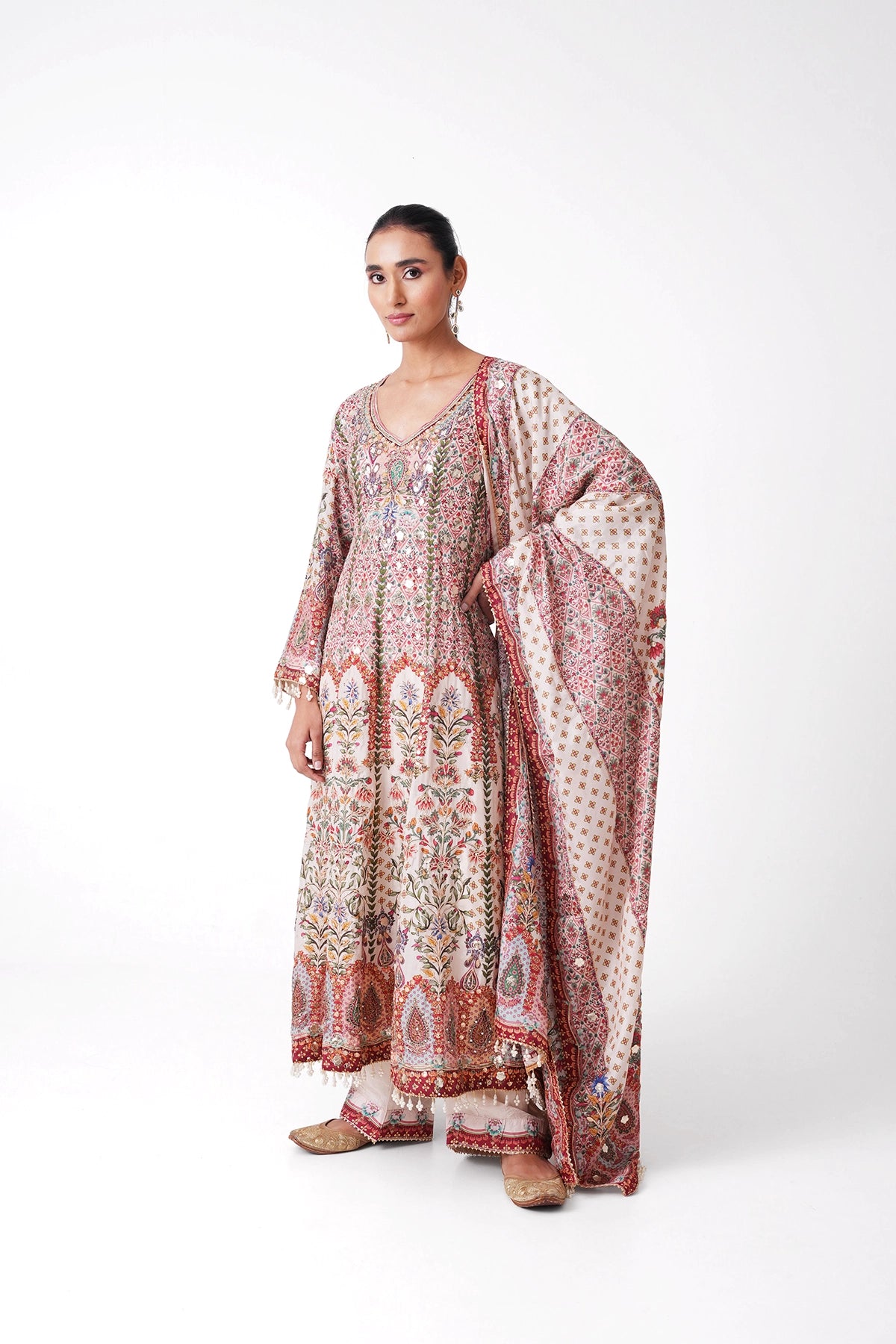 Ivory Printed Multicoloured Printed Salvar Kameez Set In Opada Silk
