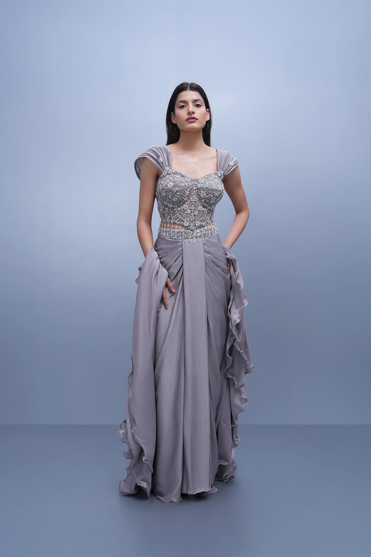 Lilac draped skirt set with embroidered wired blouse and ruffle dupatta