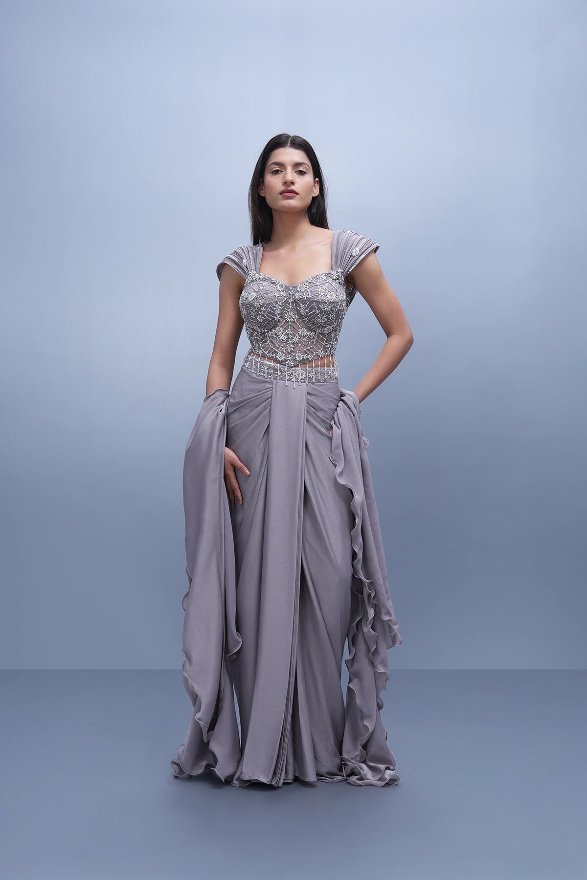 Lilac draped skirt set with embroidered wired blouse and ruffle dupatta
