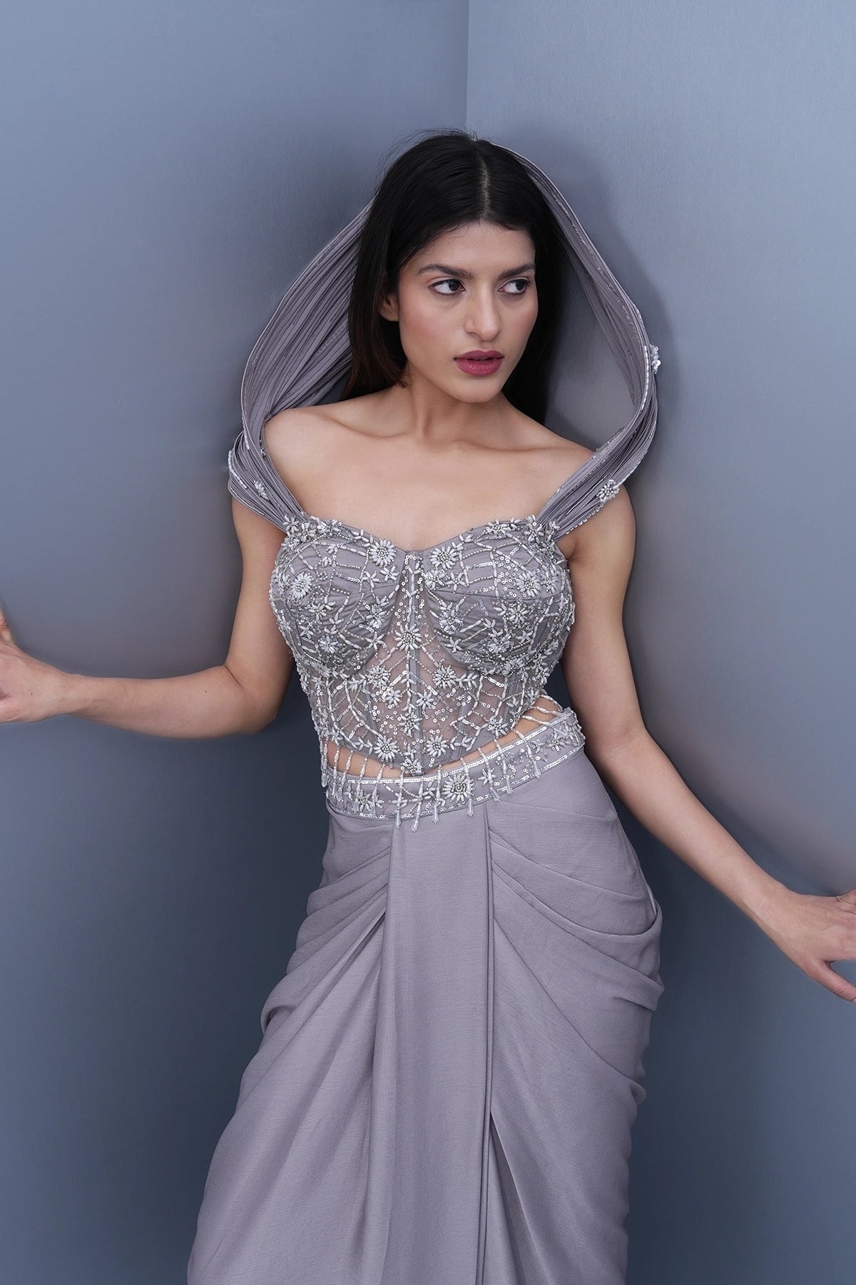 Lilac draped skirt set with embroidered wired blouse and ruffle dupatta