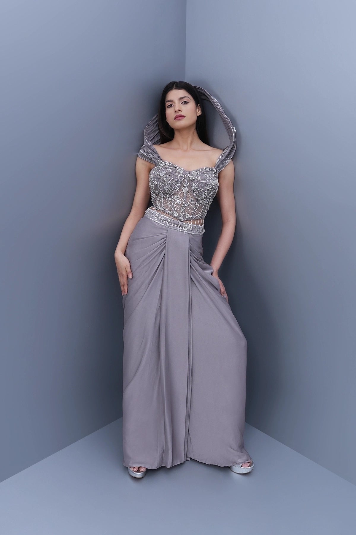 Lilac draped skirt set with embroidered wired blouse and ruffle dupatta