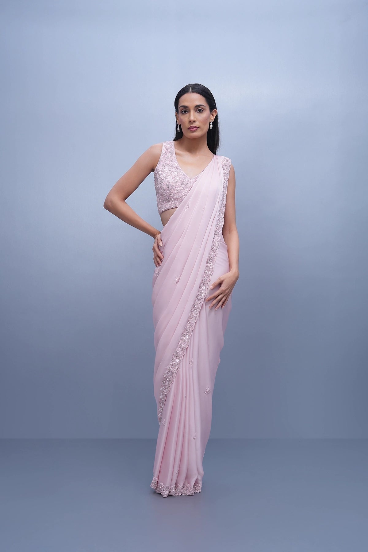 Powder pink saree set in satin