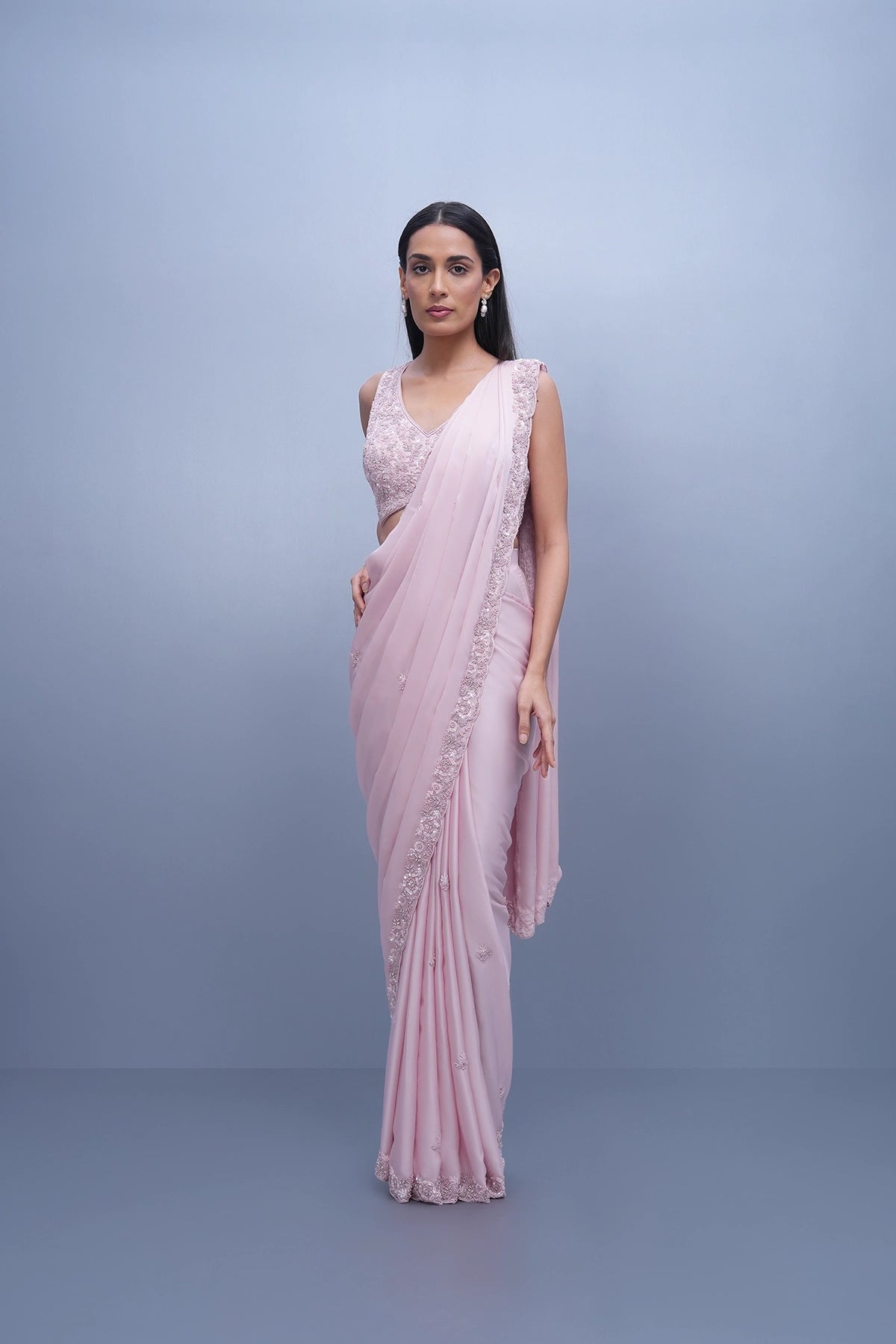 Powder pink saree set in satin
