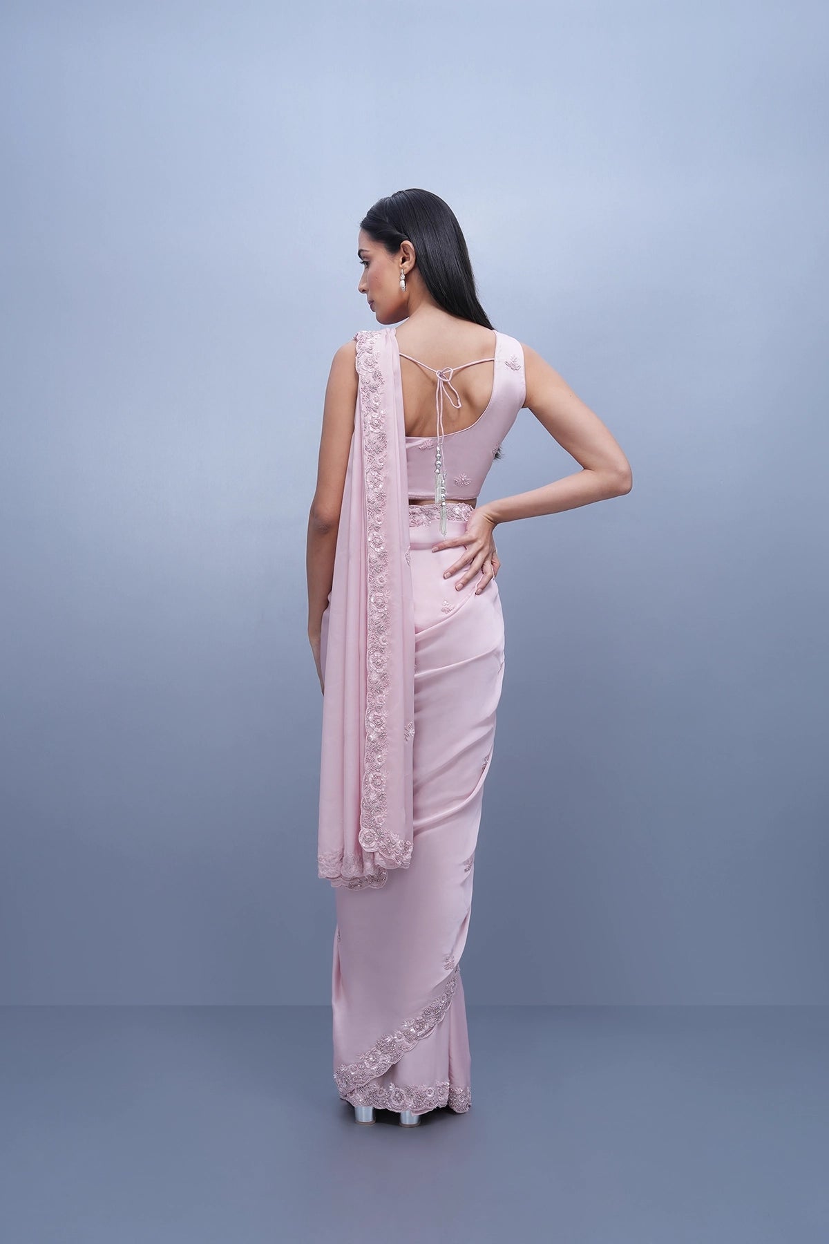 Powder pink saree set in satin