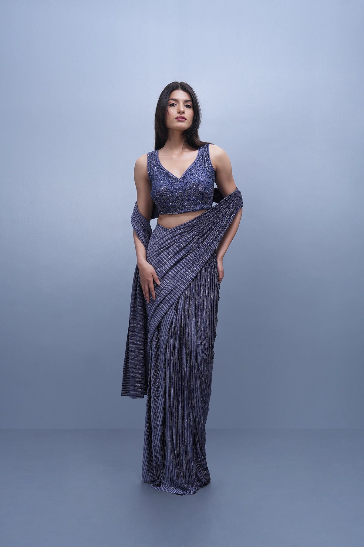 Blueish grey pre-draped saree set in lycra and velvet stripped fabric