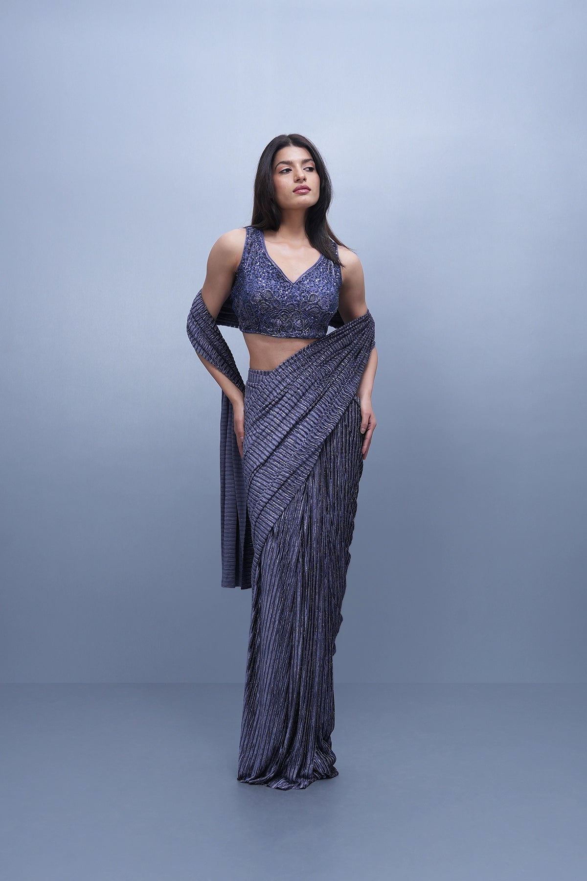 Blueish grey pre-draped saree set in lycra and velvet stripped fabric