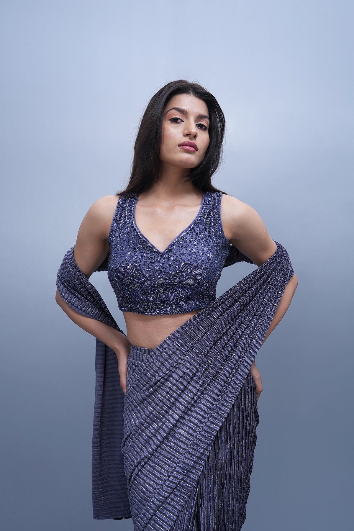 Blueish grey pre-draped saree set in lycra and velvet stripped fabric