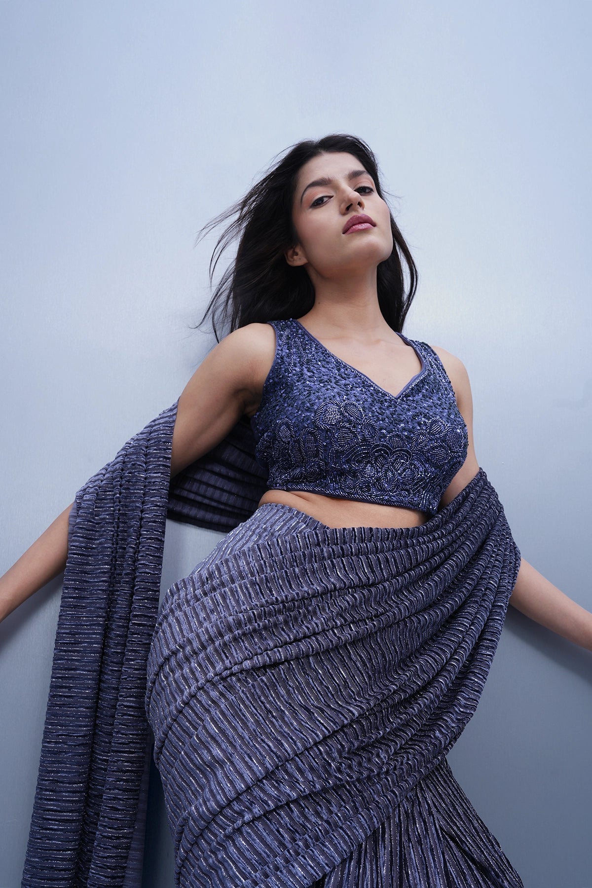 Blueish grey pre-draped saree set in lycra and velvet stripped fabric