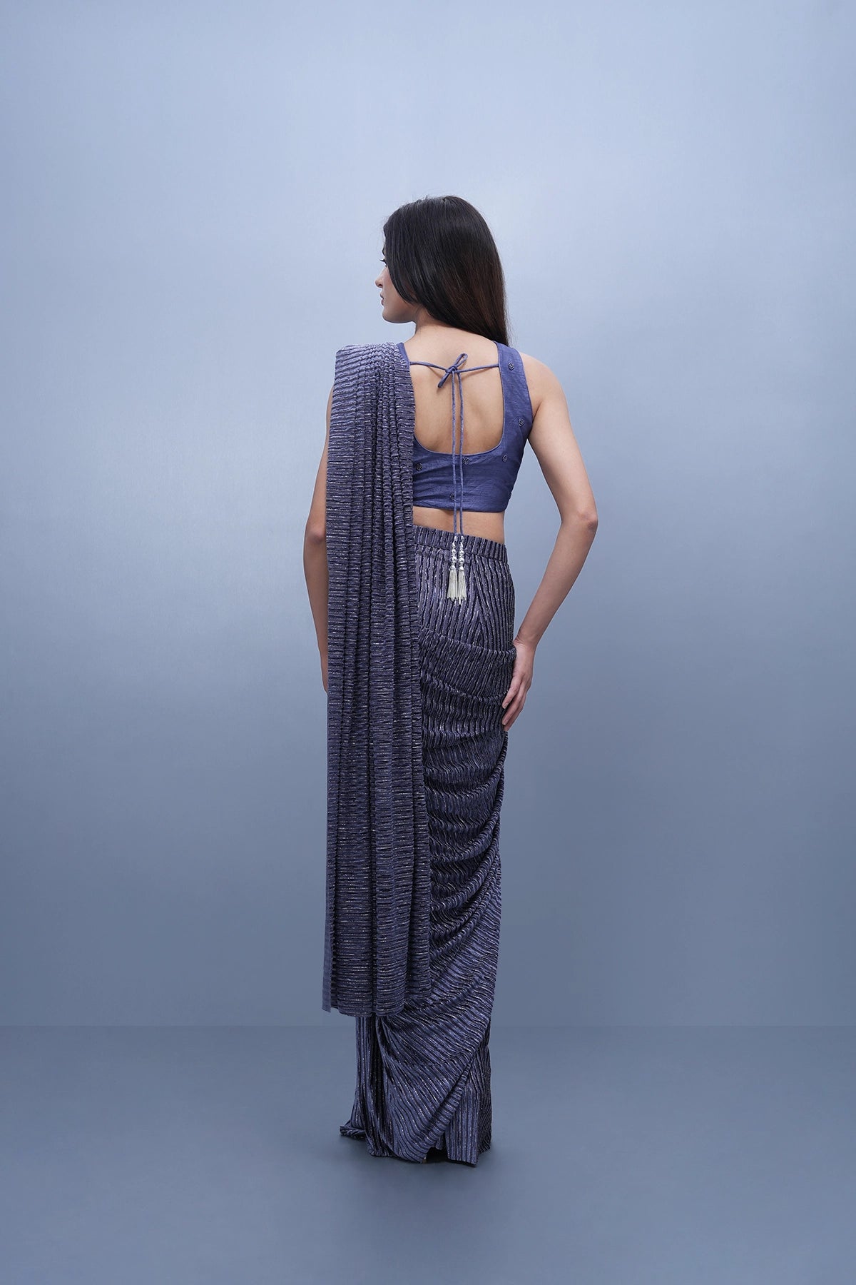 Blueish grey pre-draped saree set in lycra and velvet stripped fabric