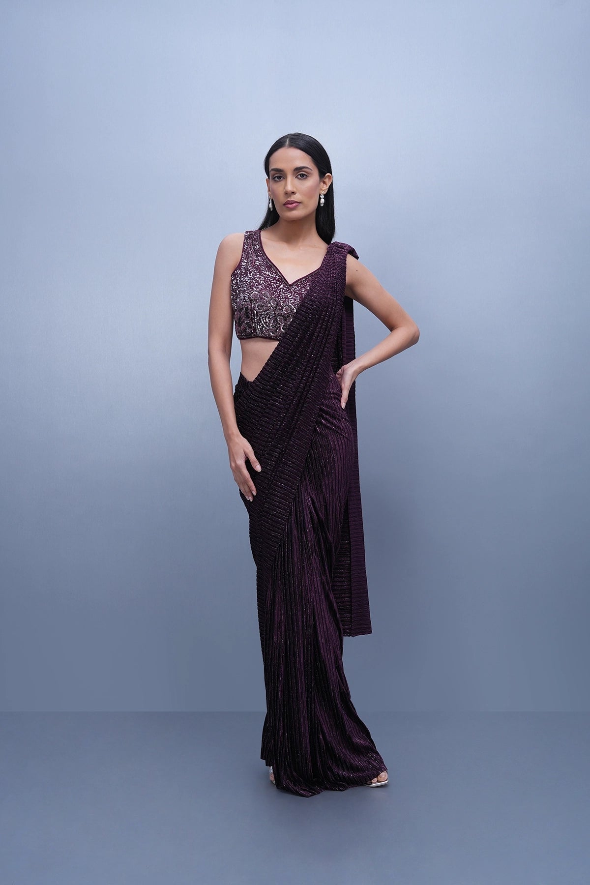 Wine pre-draped saree set in lycra and velvet stripped fabric