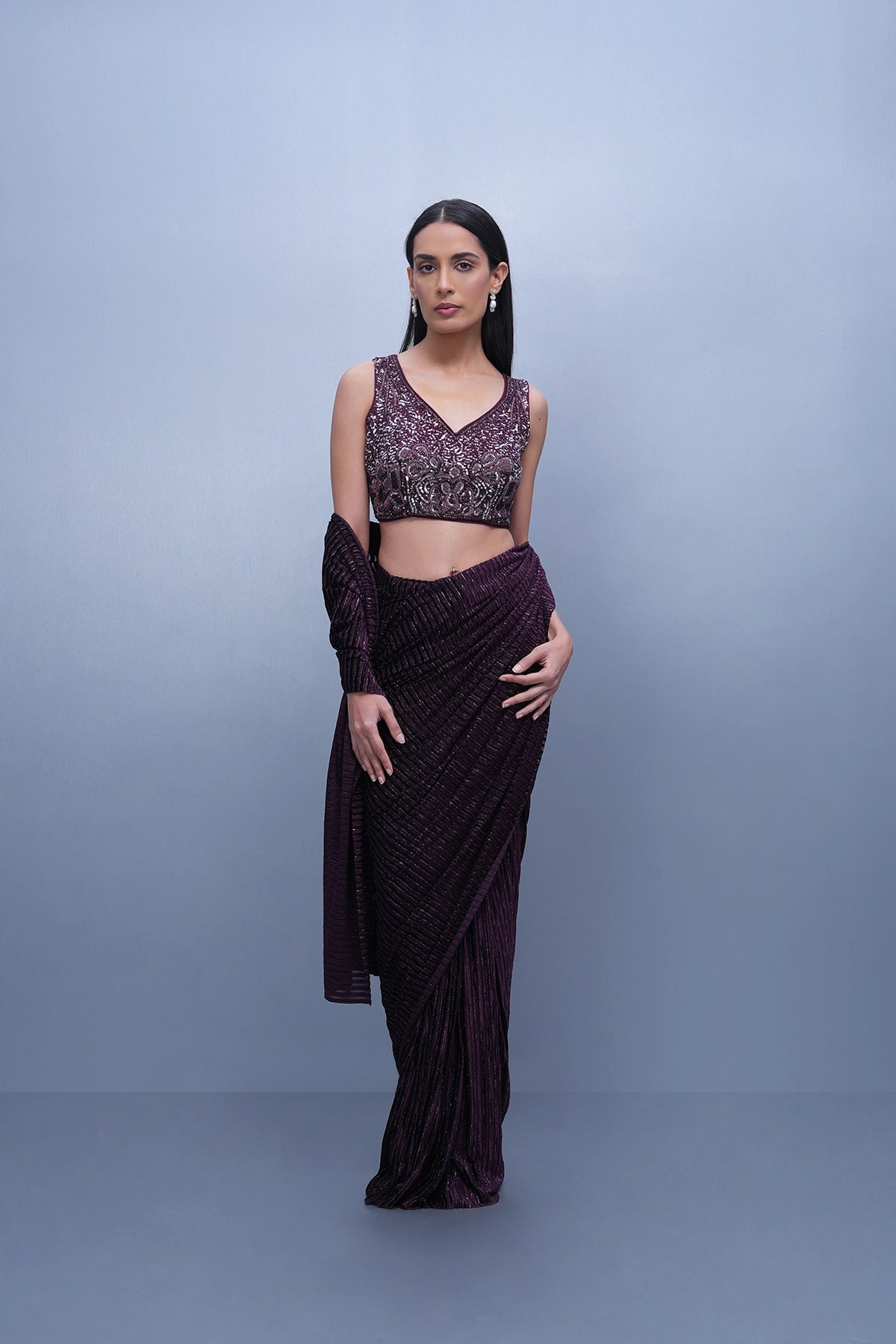 Wine pre-draped saree set in lycra and velvet stripped fabric