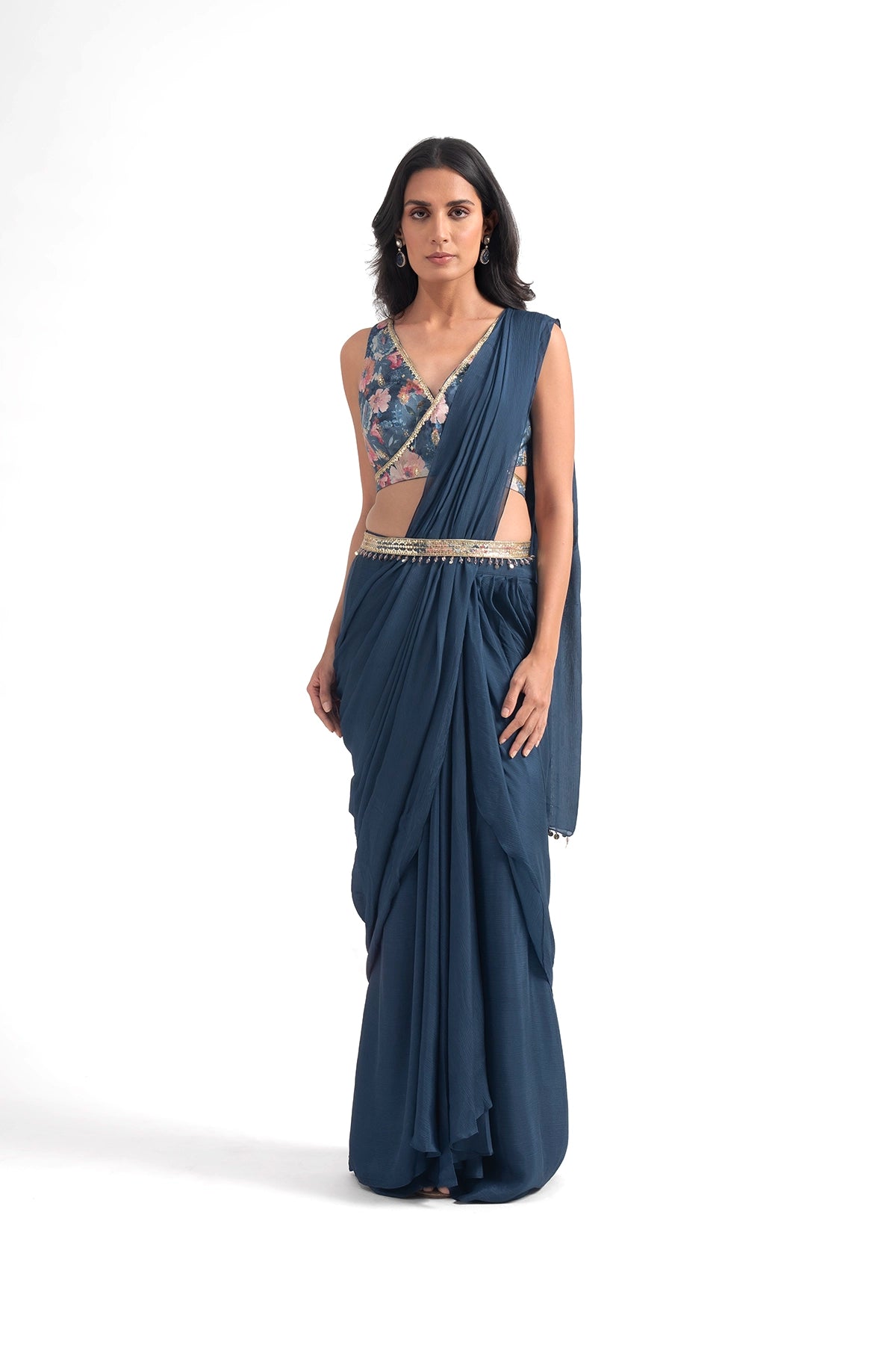 Cobalt Blue Digital Printed Pre Draped Saree Set