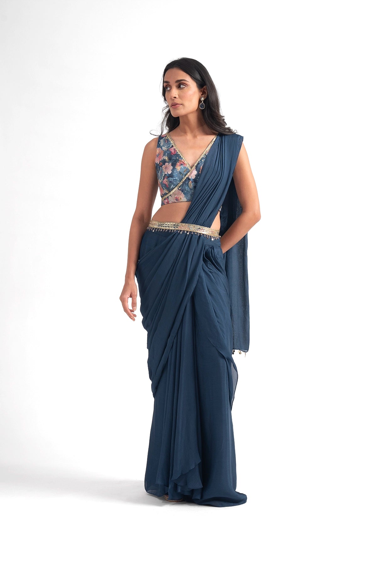 Cobalt Blue Digital Printed Pre Draped Saree Set