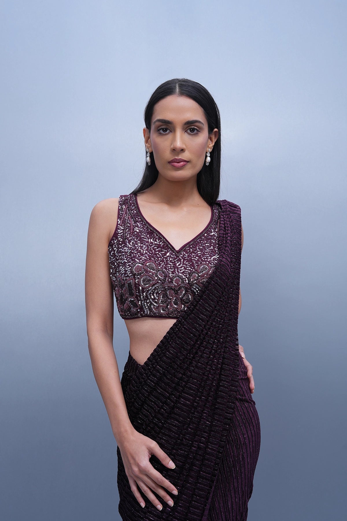 Wine pre-draped saree set in lycra and velvet stripped fabric