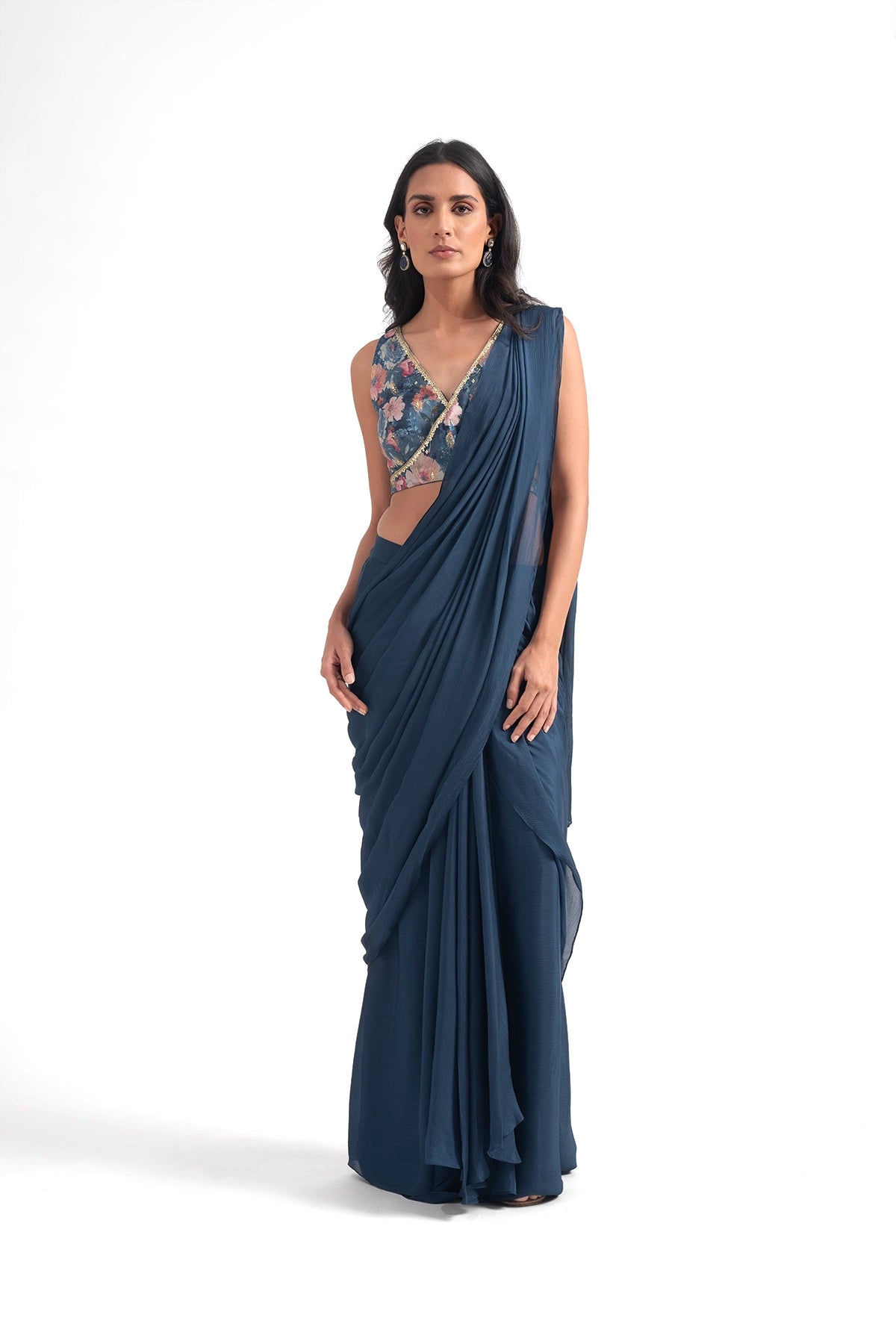 Cobalt Blue Digital Printed Pre Draped Saree Set