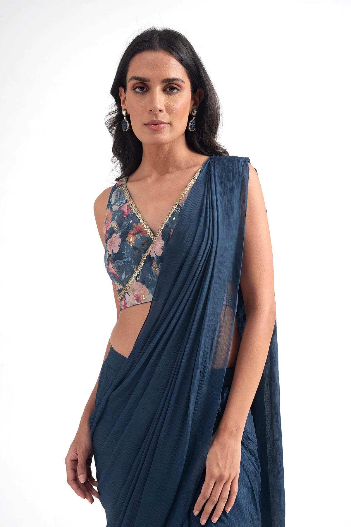 Cobalt Blue Digital Printed Pre Draped Saree Set