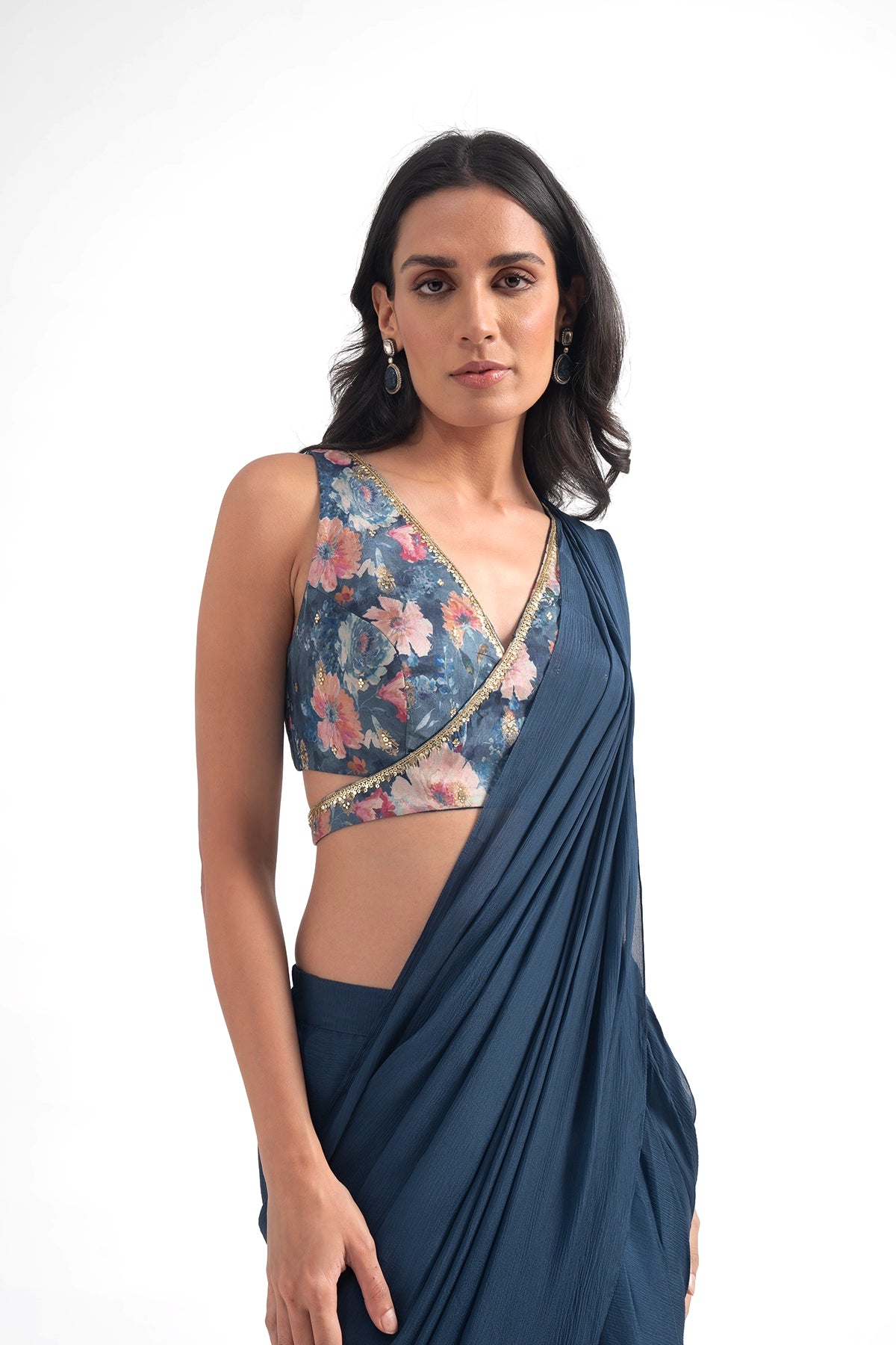 Cobalt Blue Digital Printed Pre Draped Saree Set