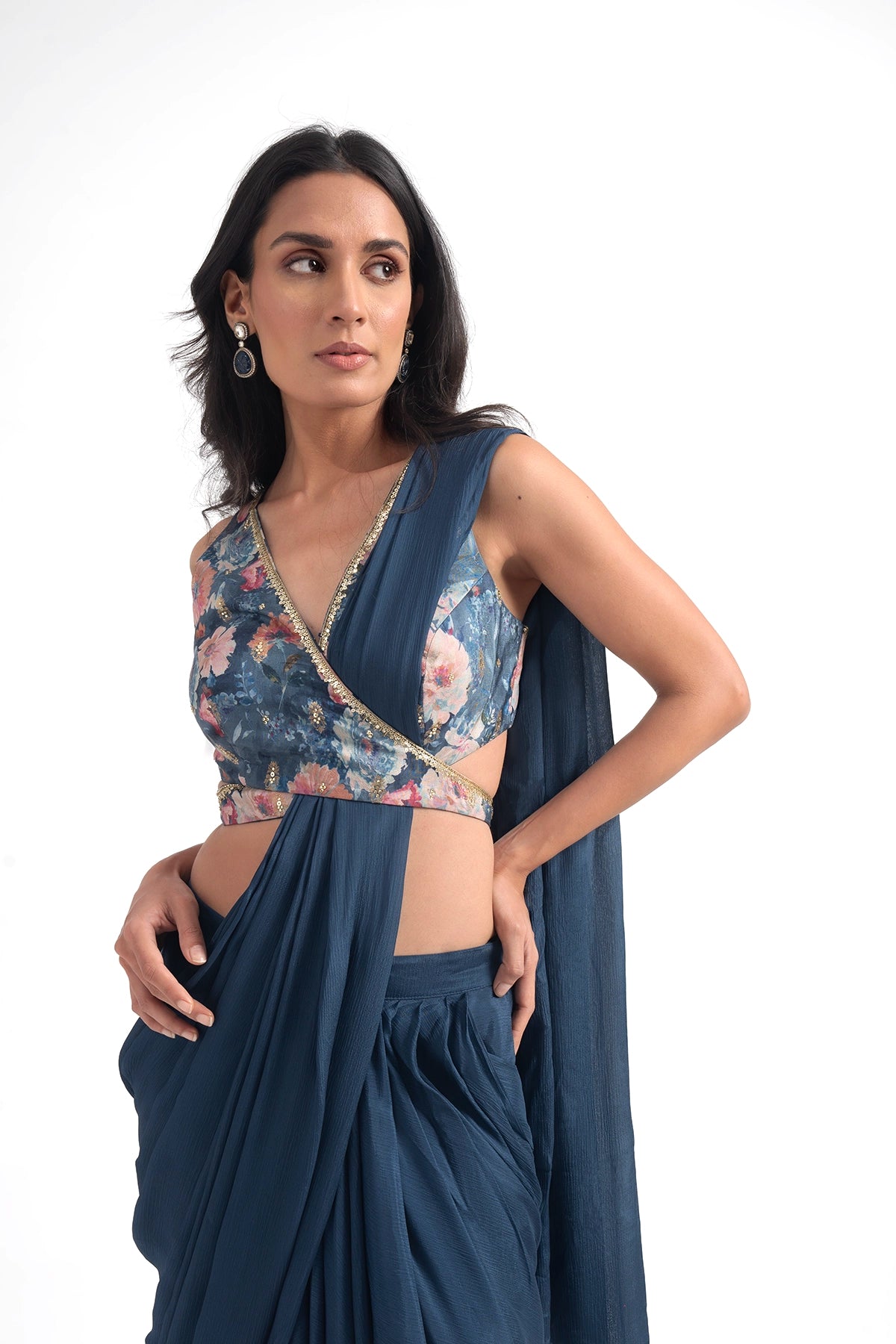 Cobalt Blue Digital Printed Pre Draped Saree Set