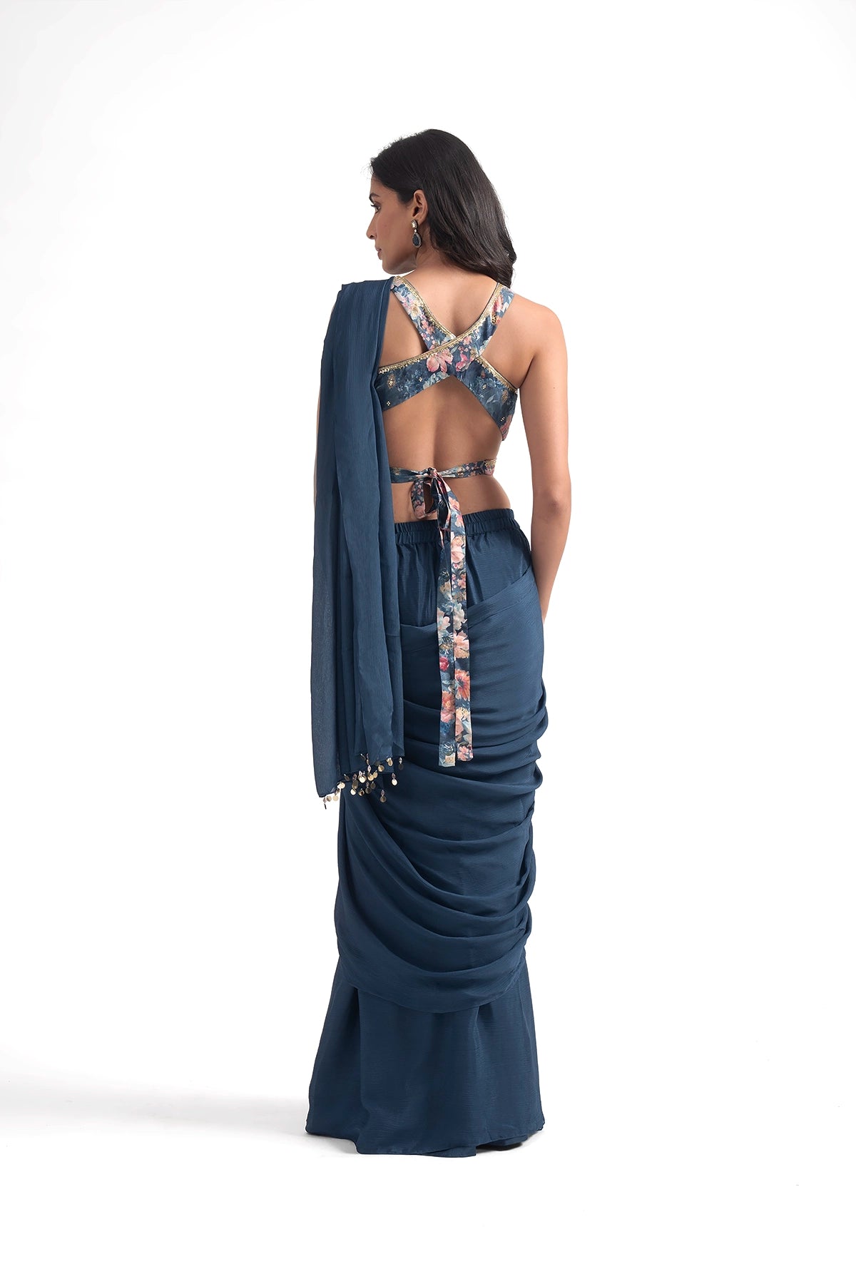 Cobalt Blue Digital Printed Pre Draped Saree Set