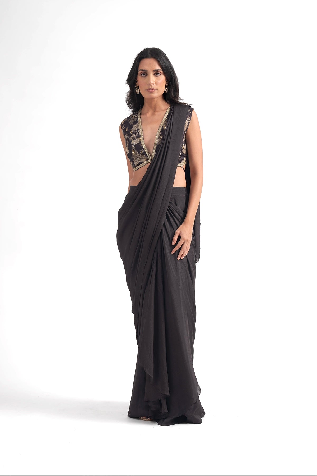 Dark Brown Pre-Draped Saree Set With Digial Printed Floral Blouse