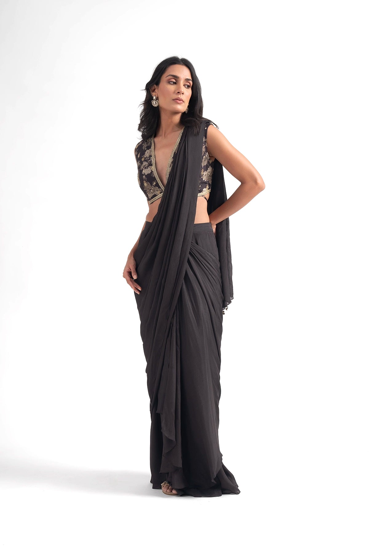 Dark Brown Pre-Draped Saree Set With Digial Printed Floral Blouse