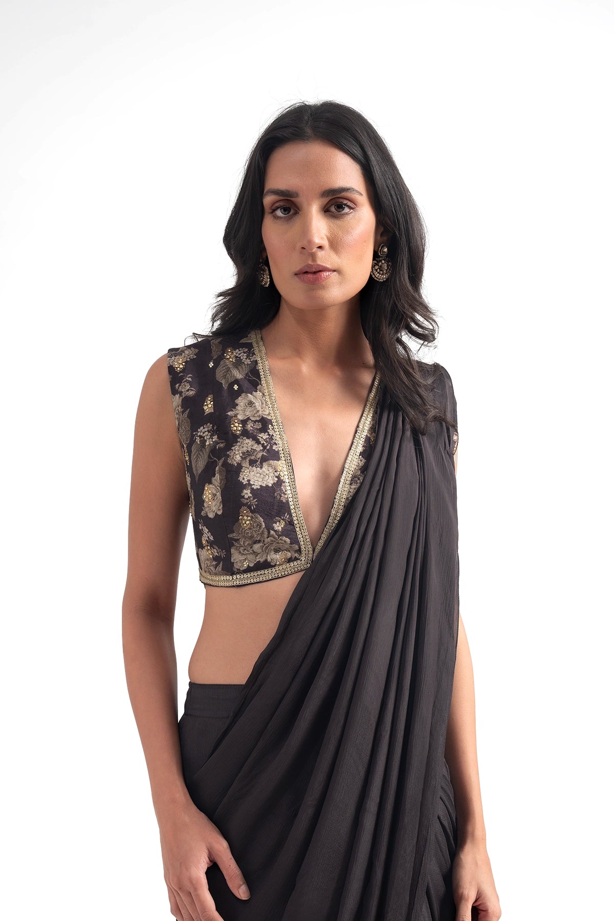 Dark Brown Pre-Draped Saree Set With Digial Printed Floral Blouse