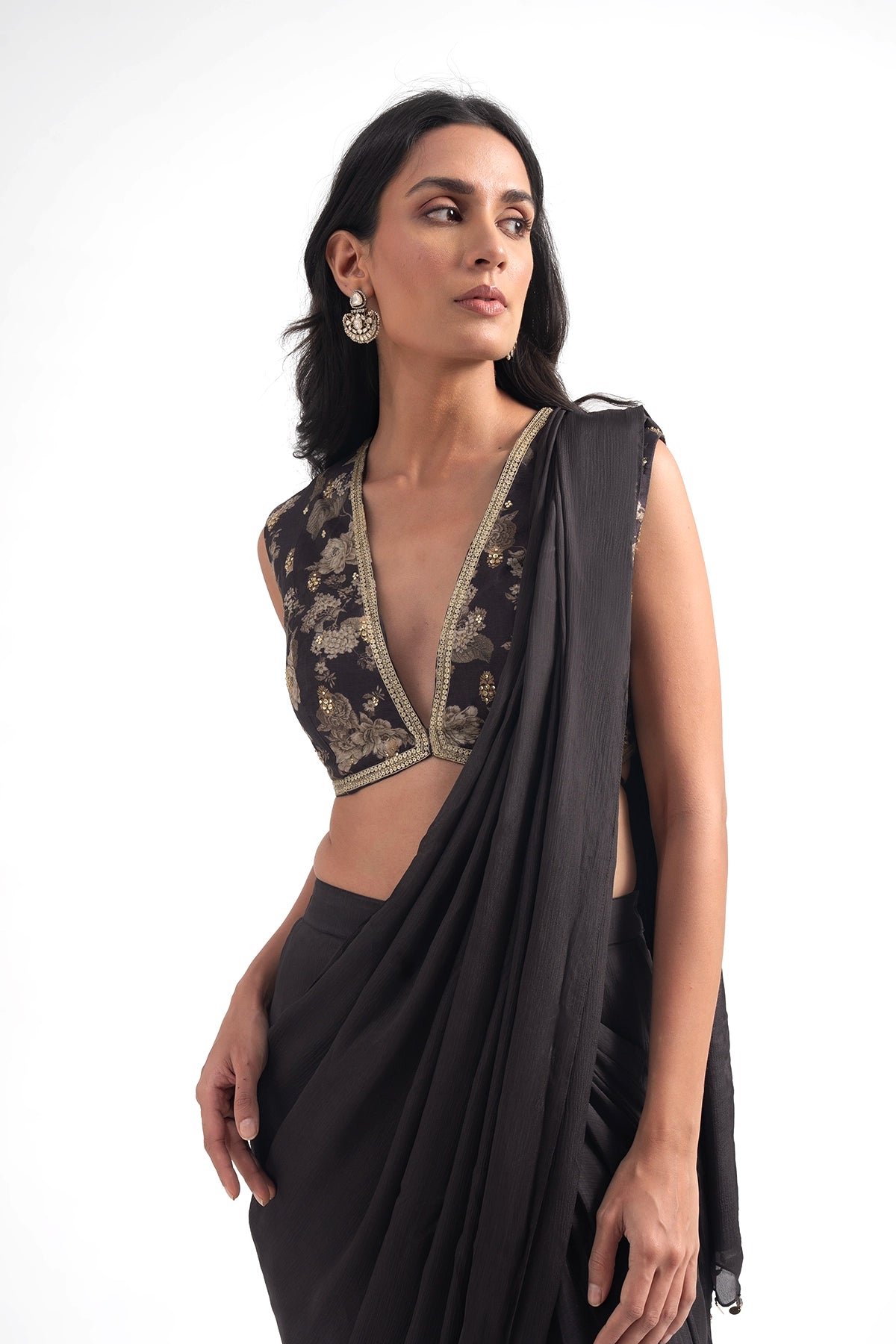 Dark Brown Pre-Draped Saree Set With Digial Printed Floral Blouse
