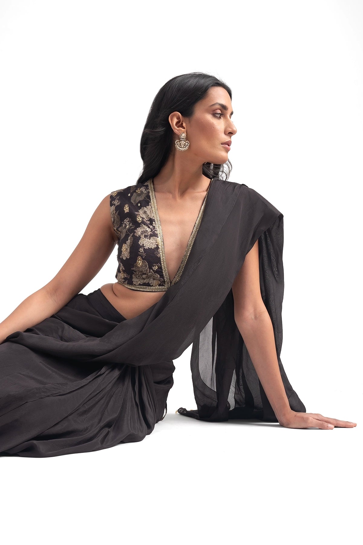 Dark Brown Pre-Draped Saree Set With Digial Printed Floral Blouse