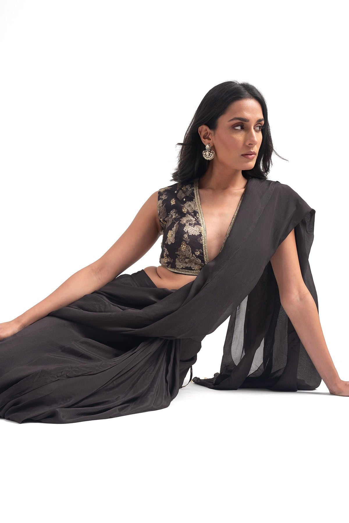 Dark Brown Pre-Draped Saree Set With Digial Printed Floral Blouse