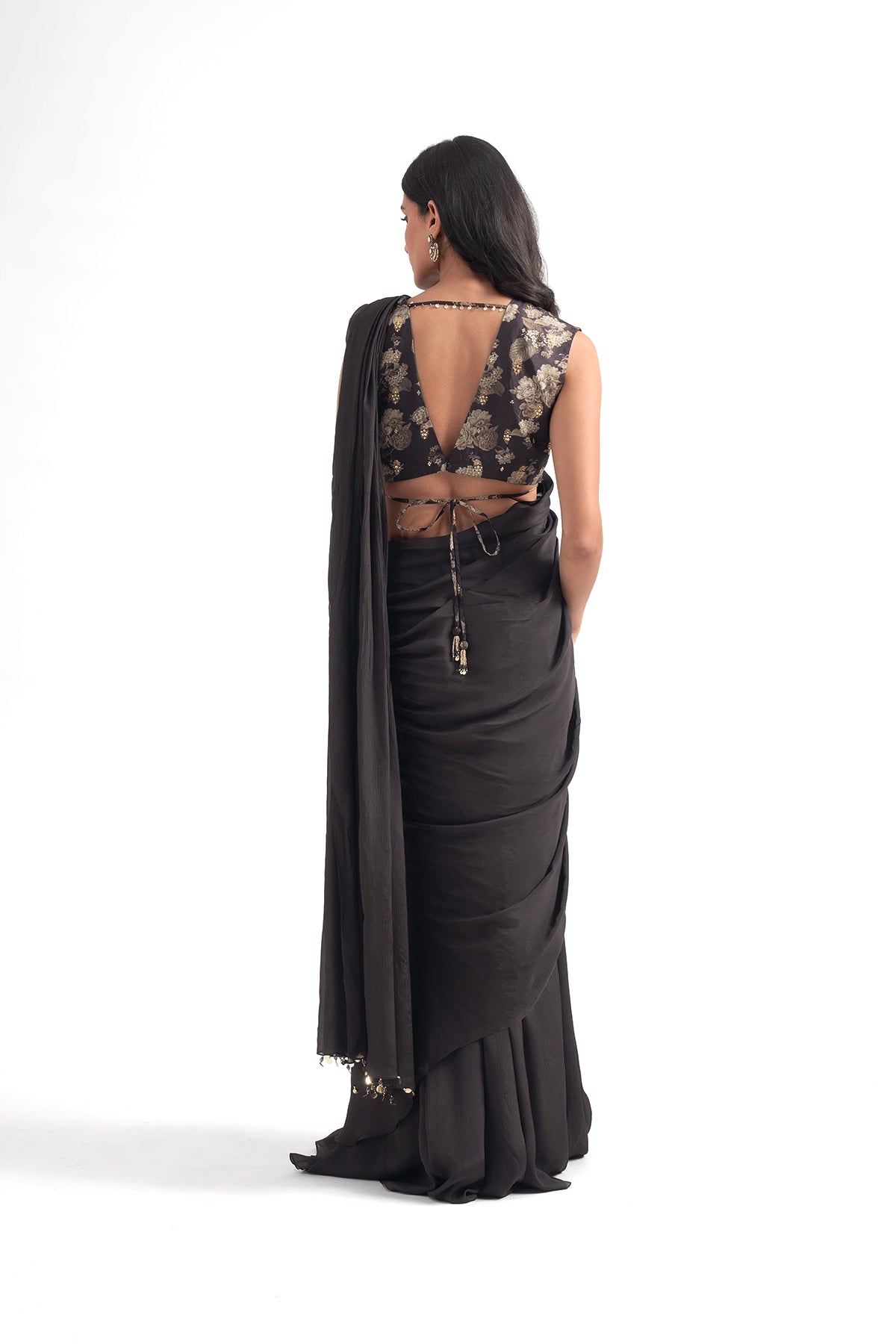 Dark Brown Pre-Draped Saree Set With Digial Printed Floral Blouse