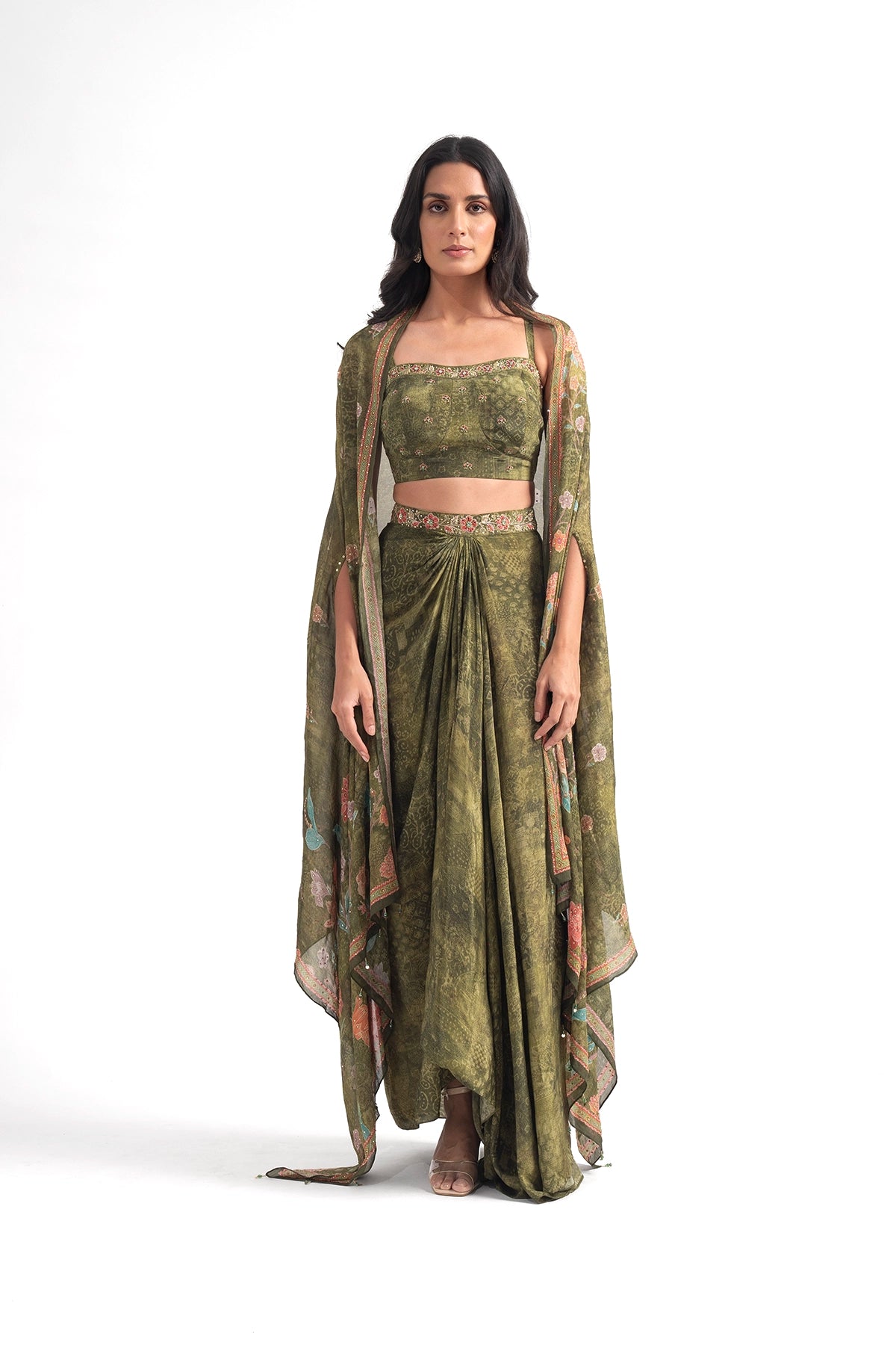 Olive Green Digital Floral Printed Draped Skirt Set With Cape