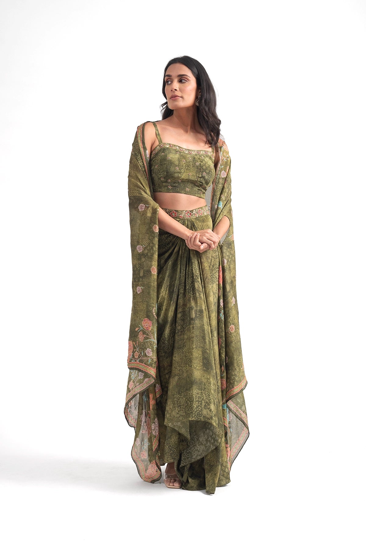 Olive Green Digital Floral Printed Draped Skirt Set With Cape