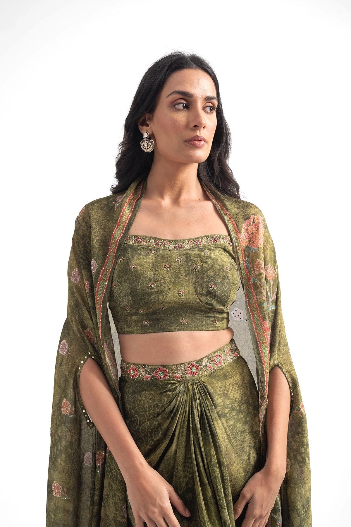 Olive Green Digital Floral Printed Draped Skirt Set With Cape
