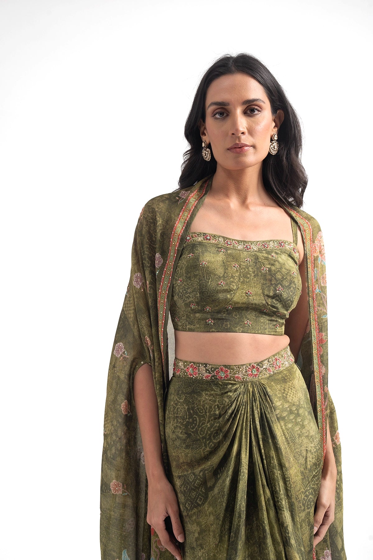 Olive Green Digital Floral Printed Draped Skirt Set With Cape