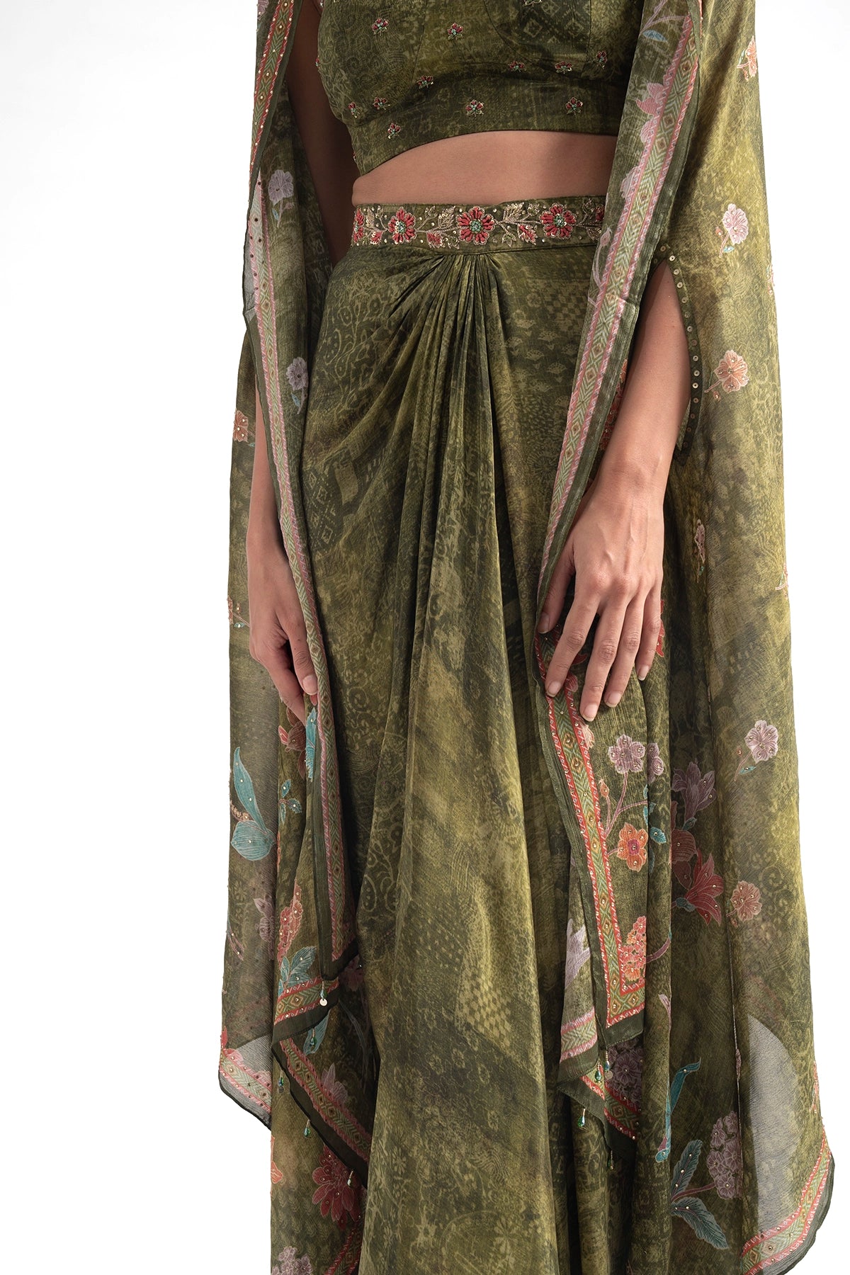 Olive Green Digital Floral Printed Draped Skirt Set With Cape