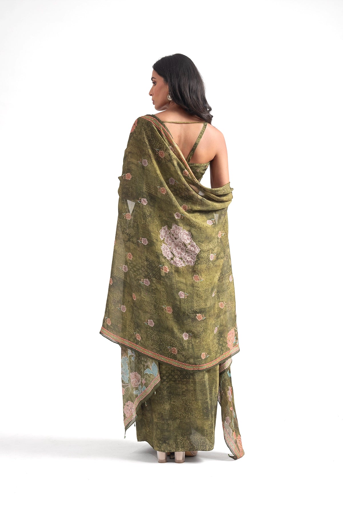 Olive Green Digital Floral Printed Draped Skirt Set With Cape