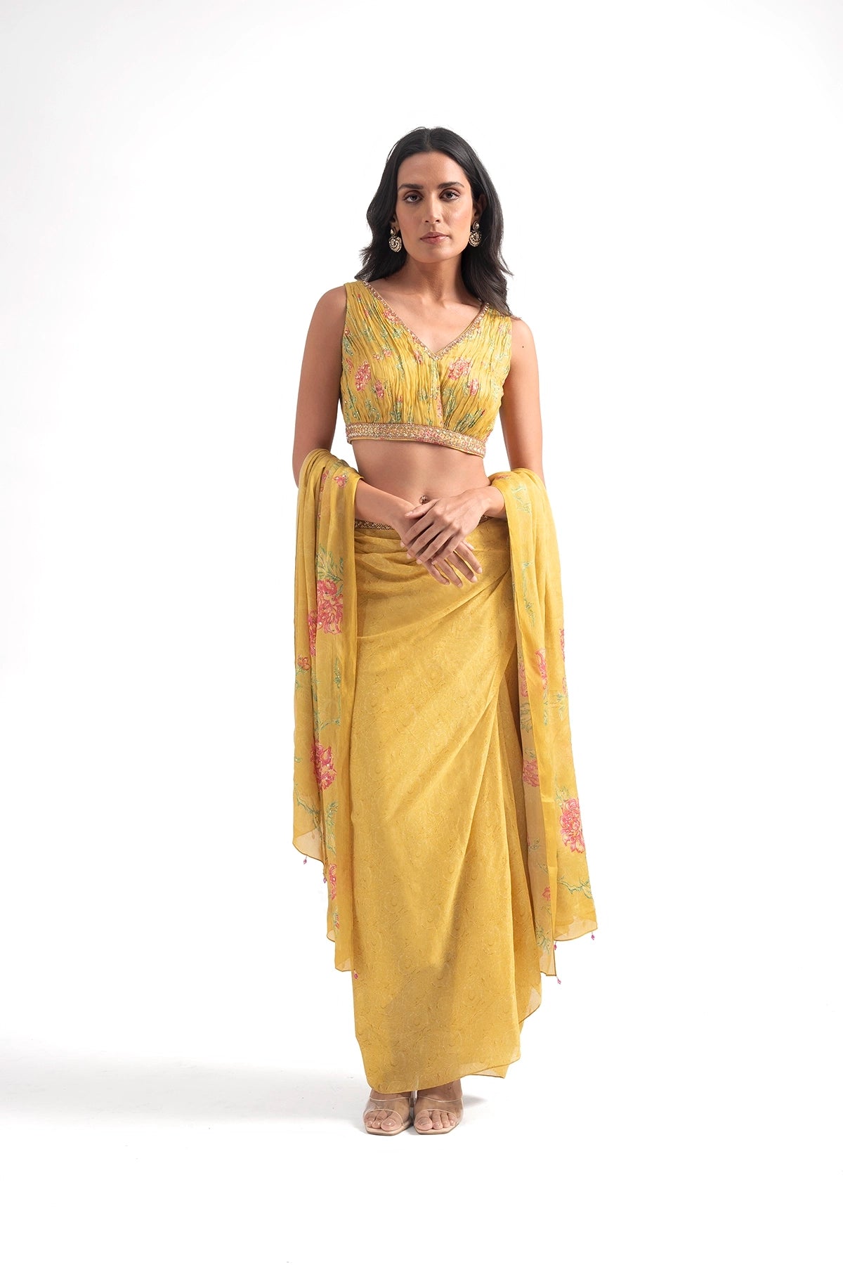 Chrome Yellow Draped Skirt Set With Digital Floral Print