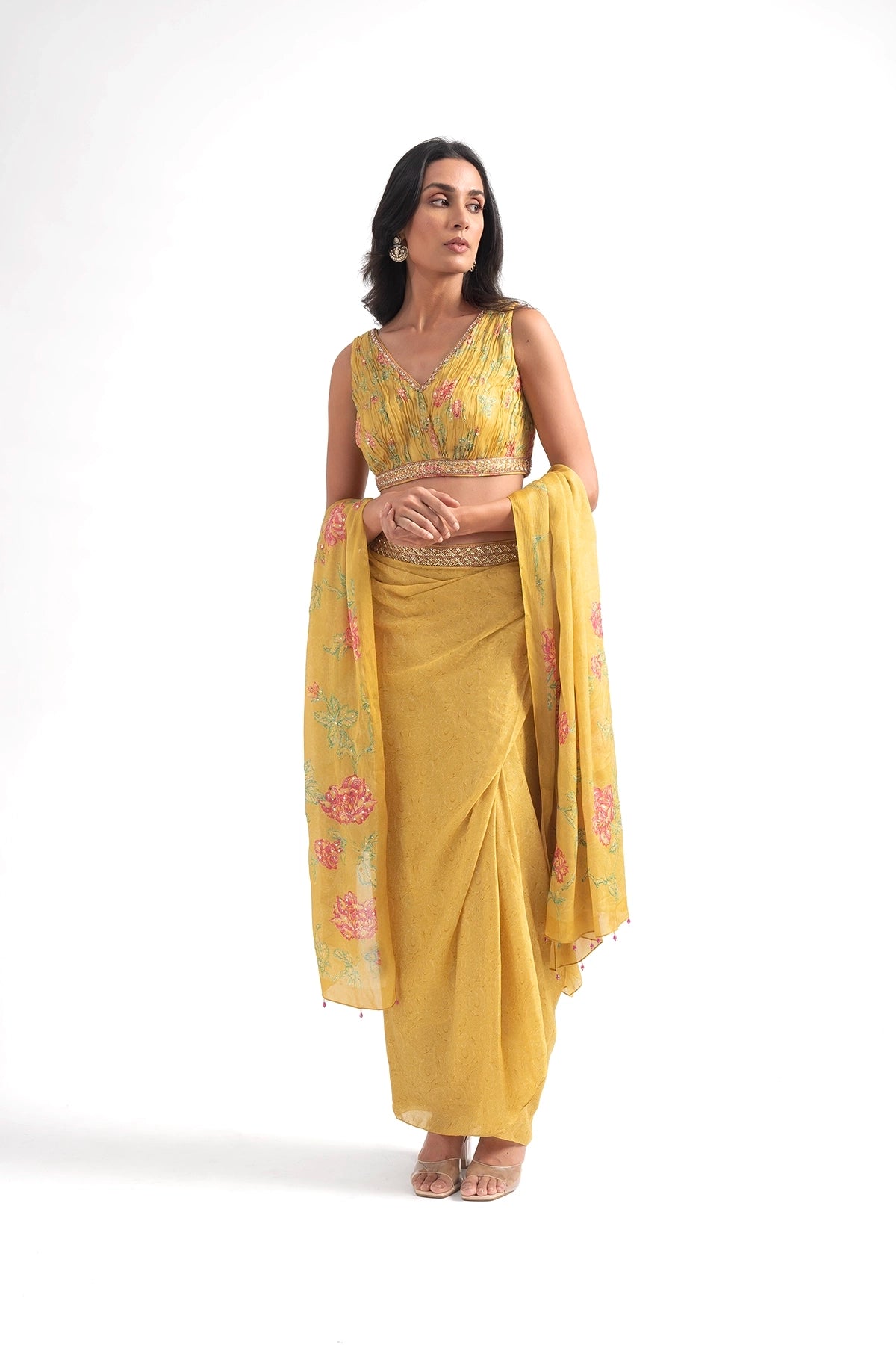 Chrome Yellow Draped Skirt Set With Digital Floral Print