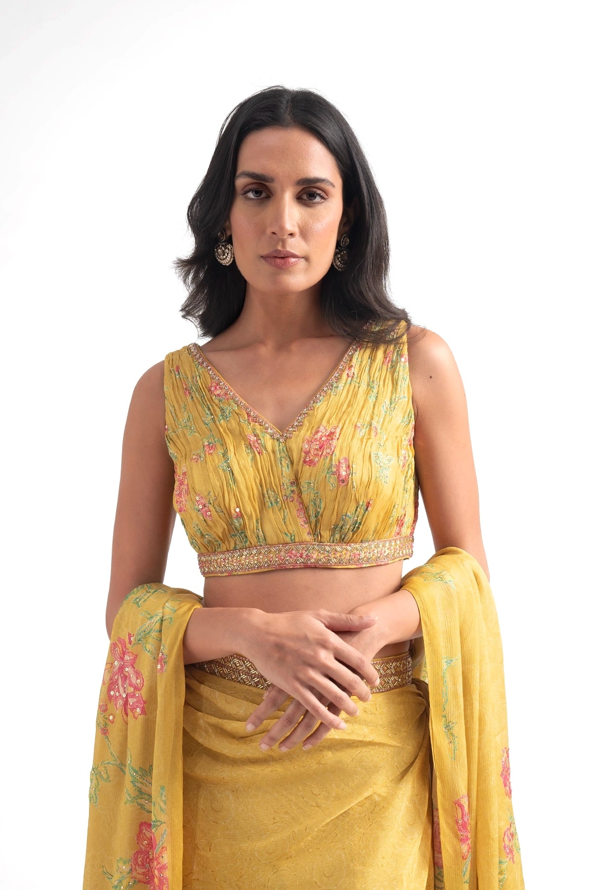 Chrome Yellow Draped Skirt Set With Digital Floral Print