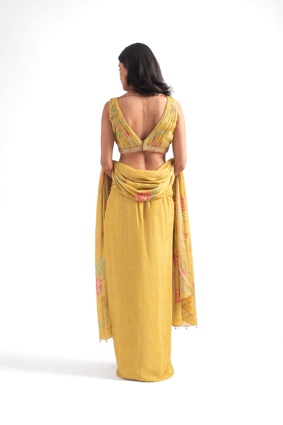 Chrome Yellow Draped Skirt Set With Digital Floral Print