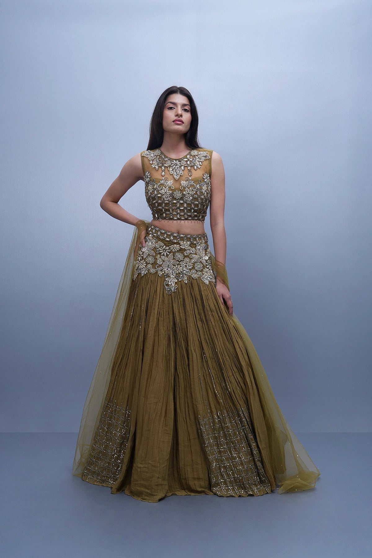 Dusty olive green lehenga set in chinnon fabric