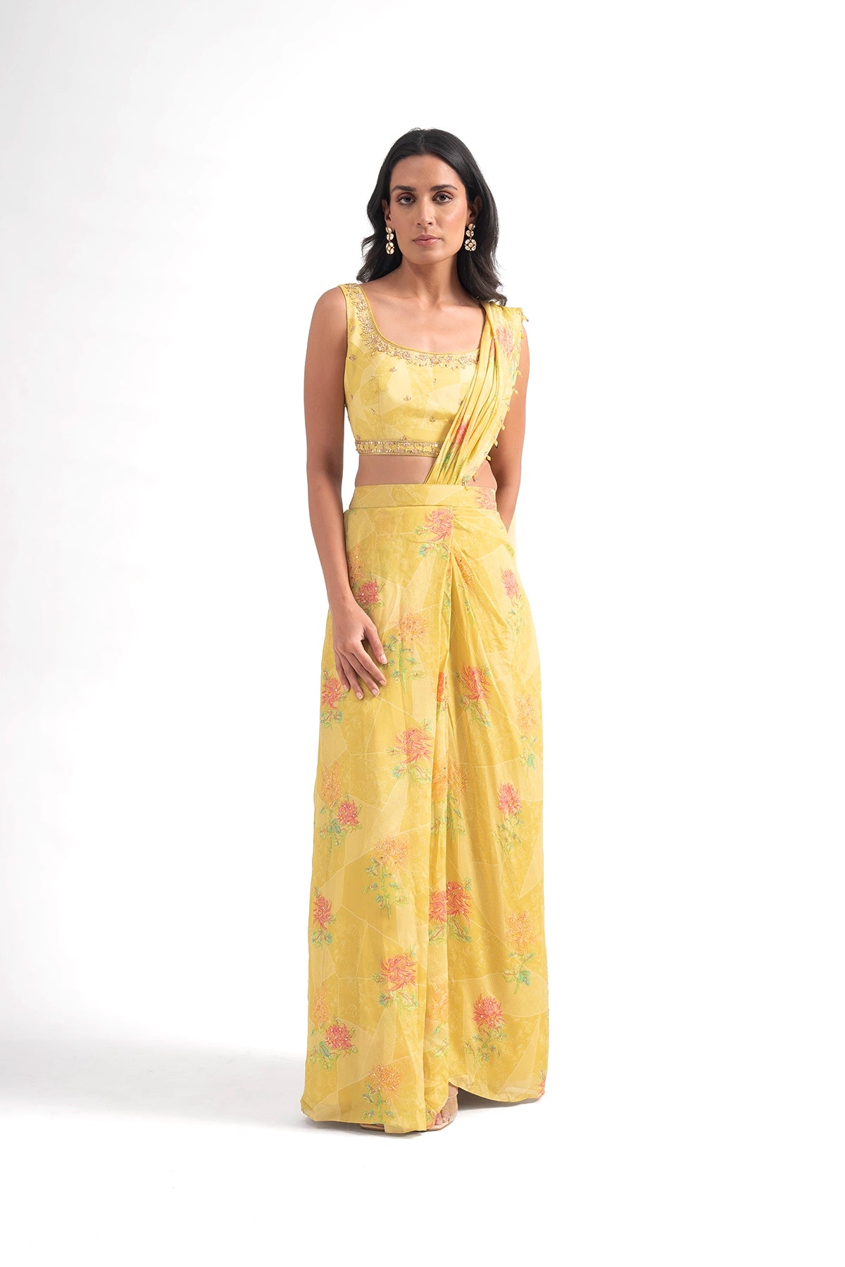 Light Yellow Pre-Draped Saree Set With Digital Printed Florals