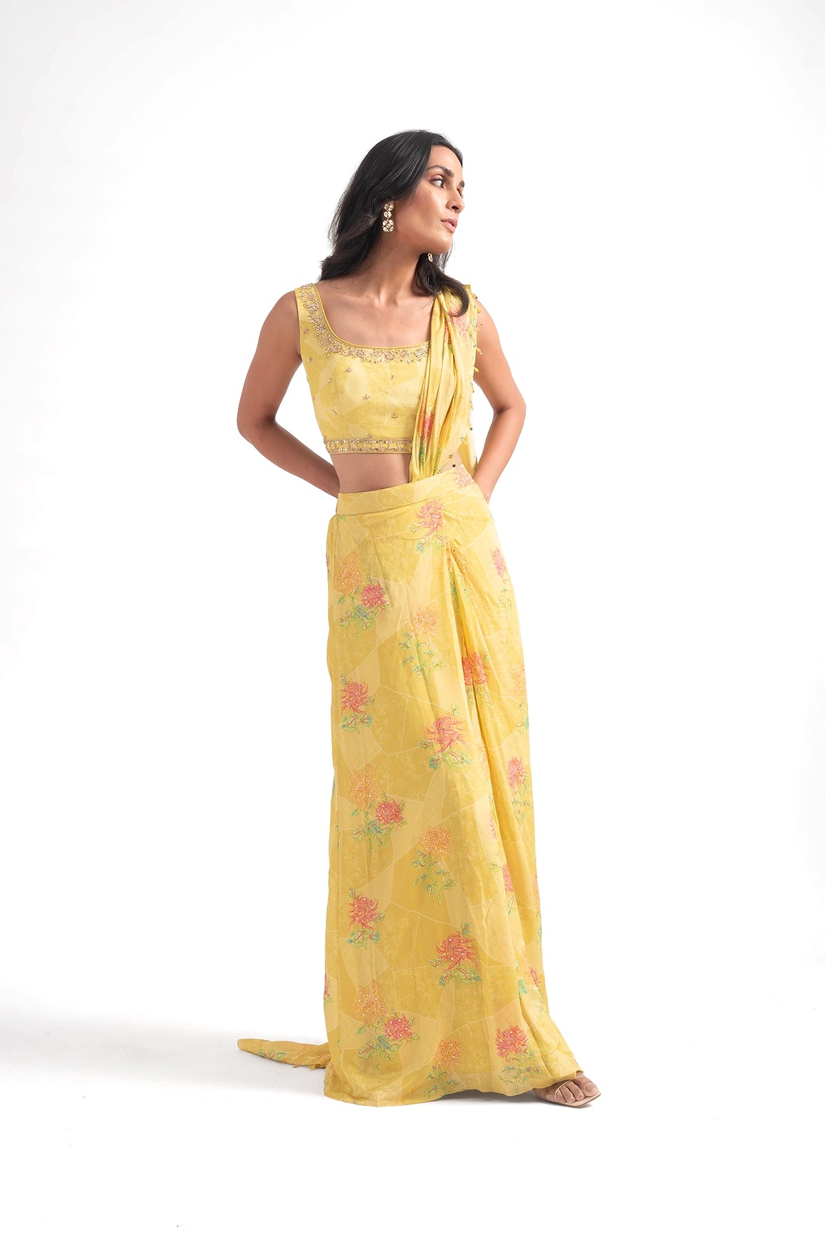 Light Yellow Pre-Draped Saree Set With Digital Printed Florals