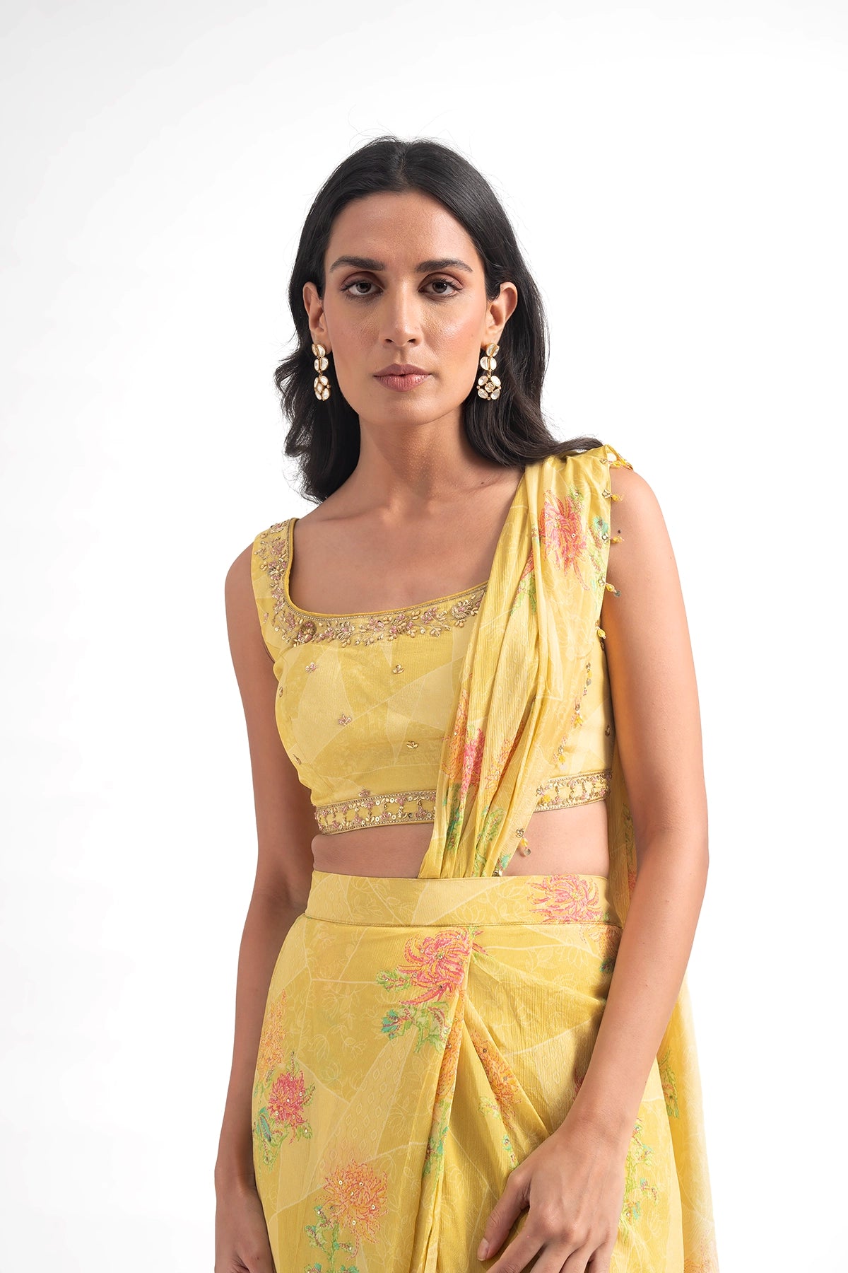 Light Yellow Pre-Draped Saree Set With Digital Printed Florals