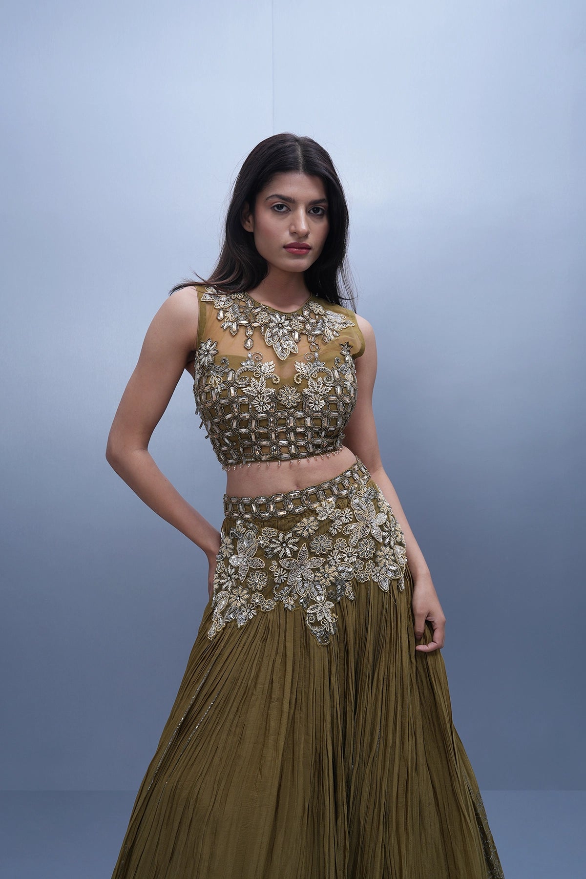 Dusty olive green lehenga set in chinnon fabric