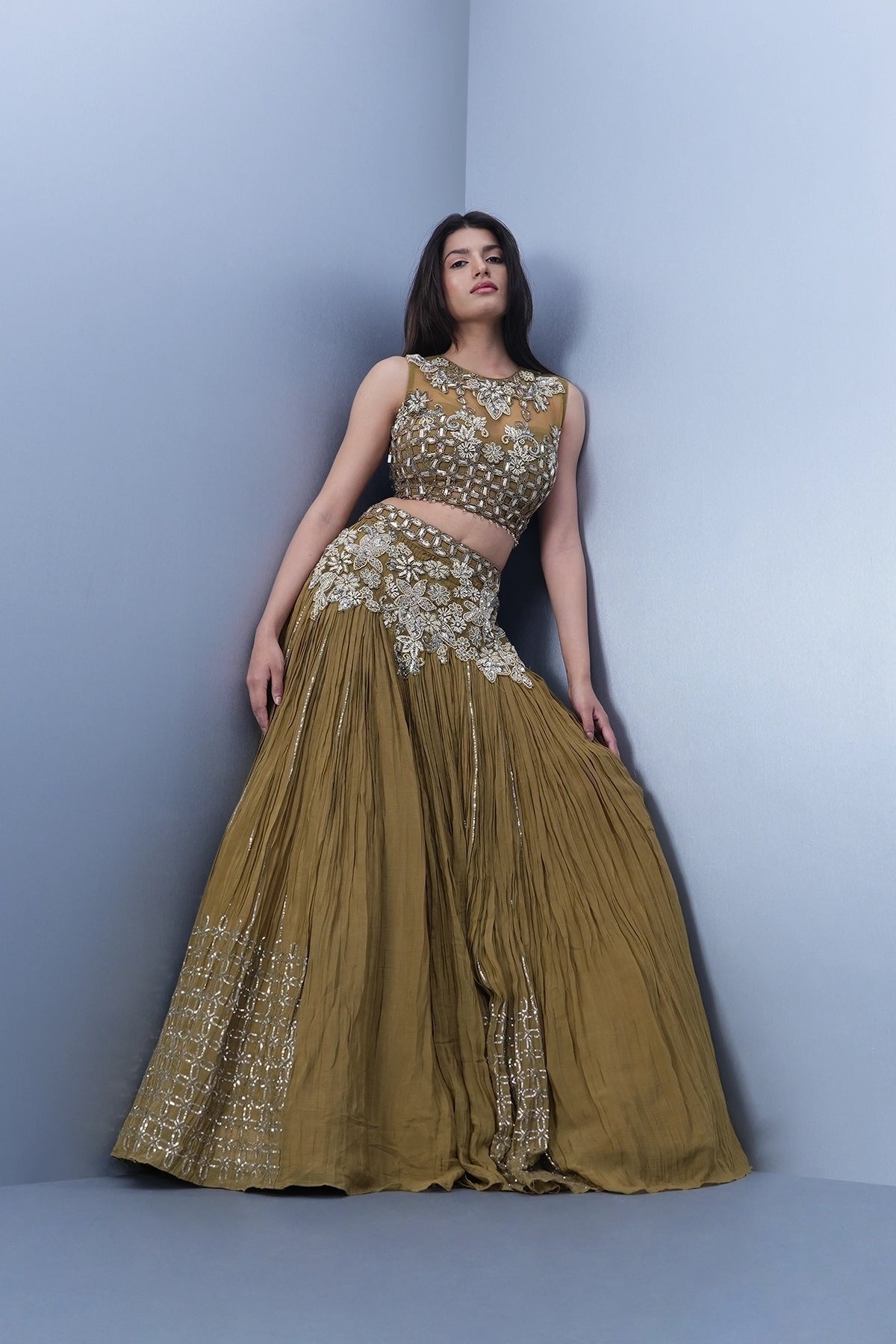 Dusty olive green lehenga set in chinnon fabric