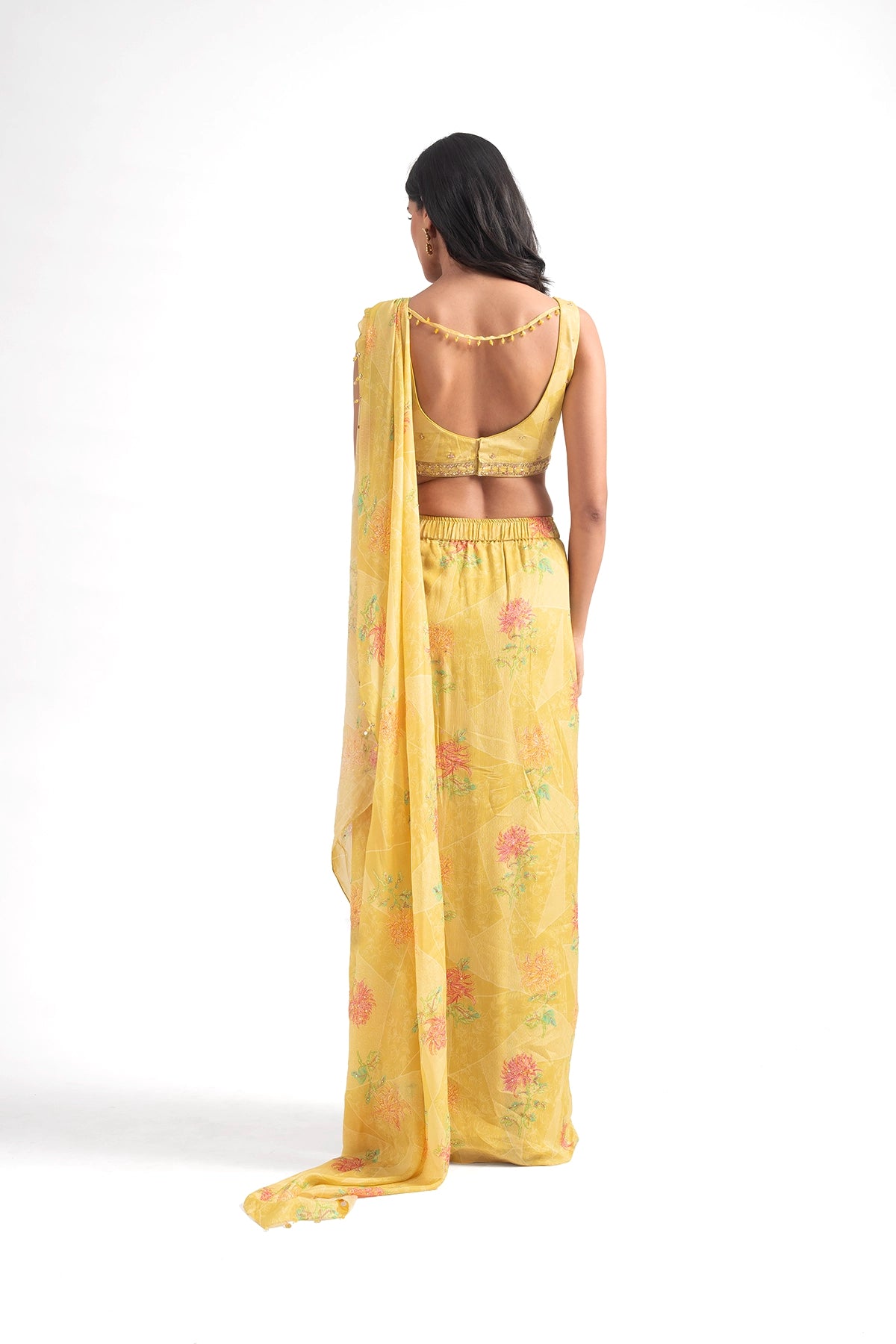 Light Yellow Pre-Draped Saree Set With Digital Printed Florals