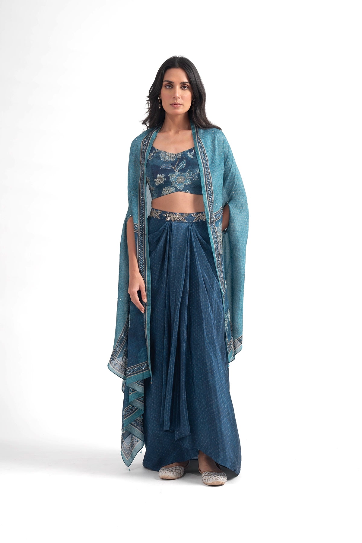 Teal Blue Digital Printed Floral Draped Skirt With Cape Set