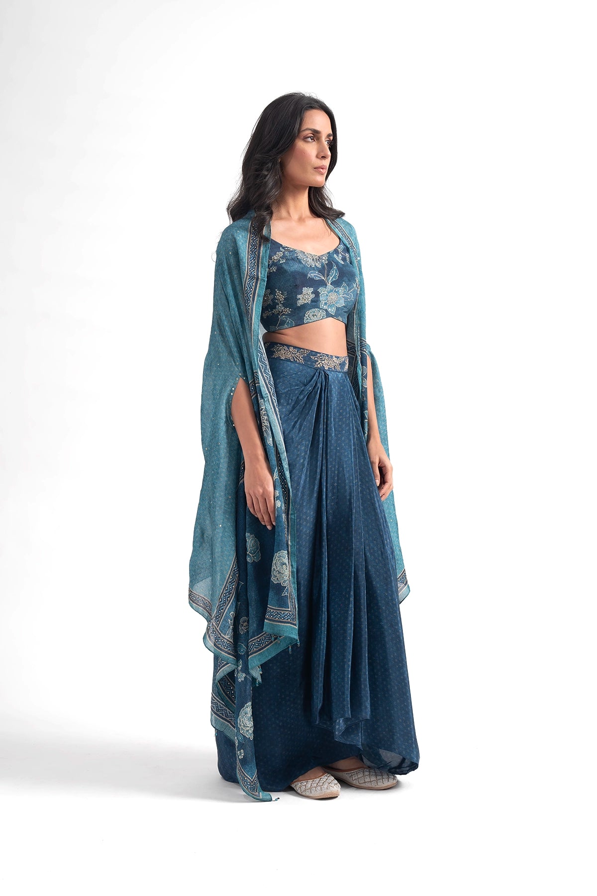 Teal Blue Digital Printed Floral Draped Skirt With Cape Set