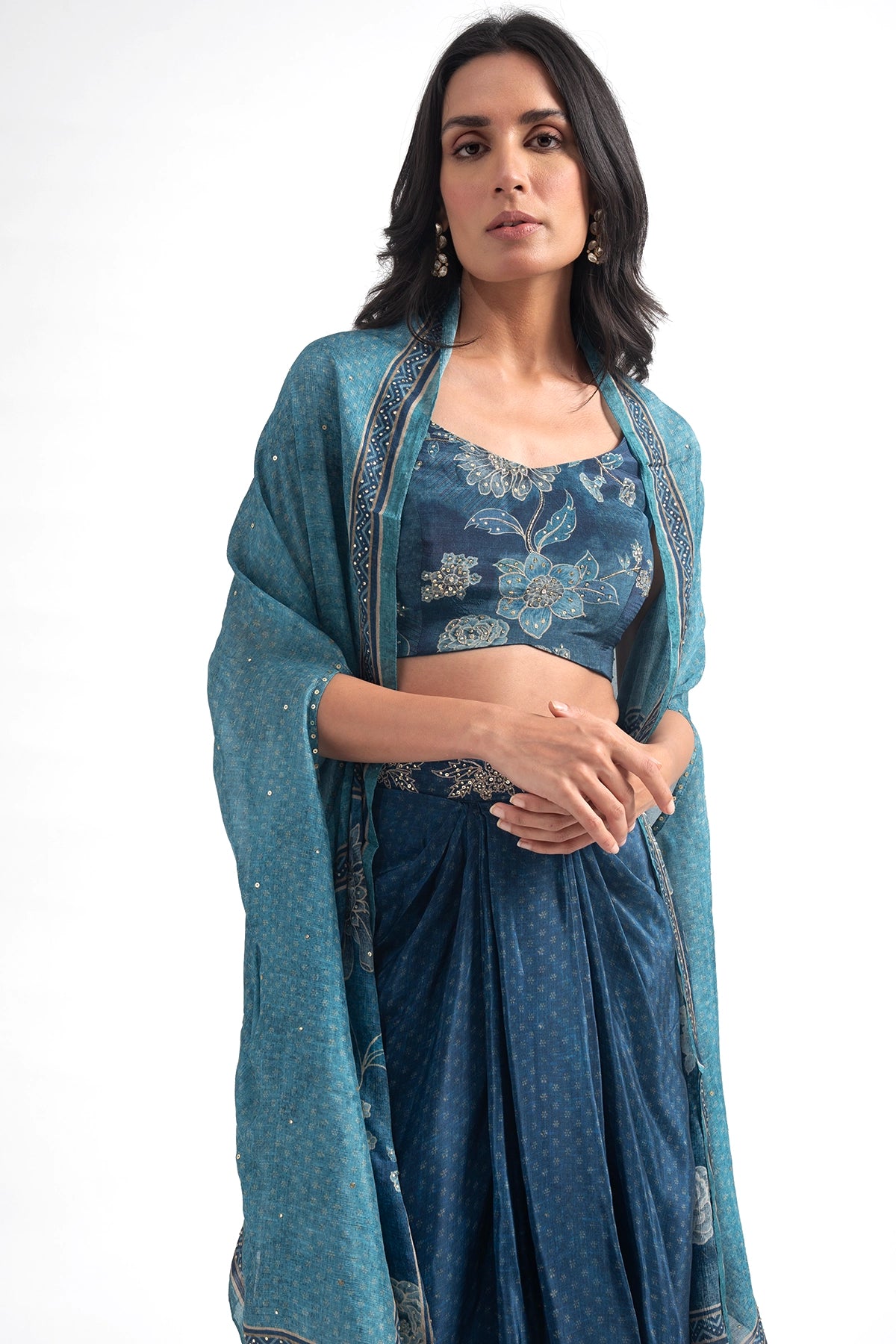 Teal Blue Digital Printed Floral Draped Skirt With Cape Set